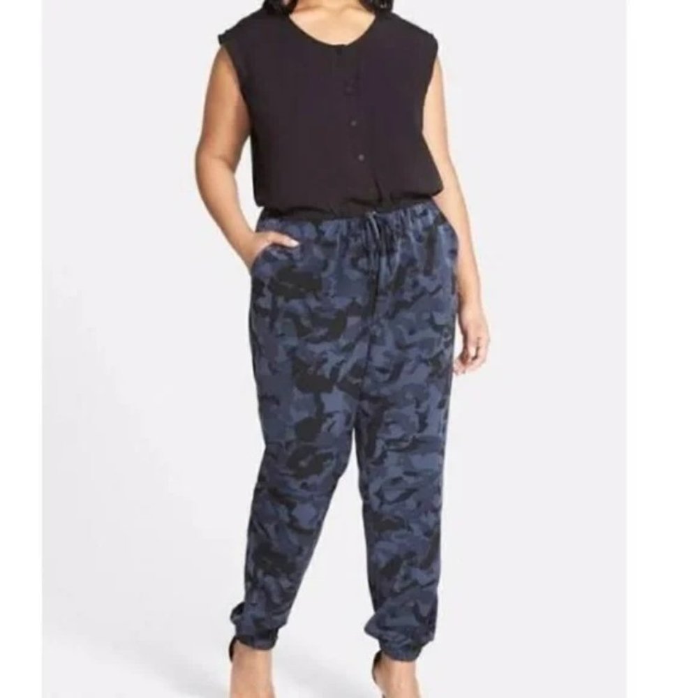 DKNY Sleeveless Camo Drawstring-Waist Jumpsuit in Blue & Black Sz L